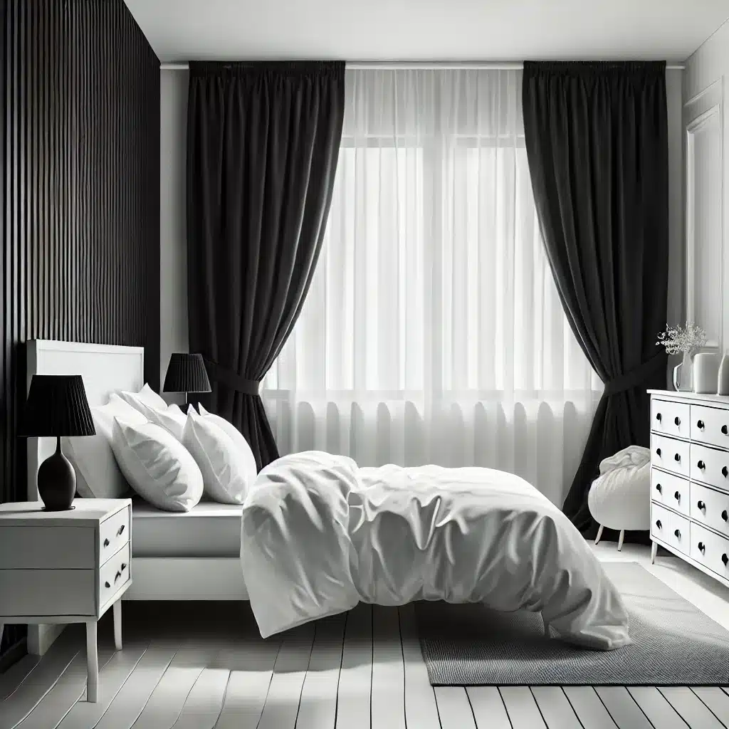 Serene bedroom with white bedding, black curtains, and a tidy dresser.