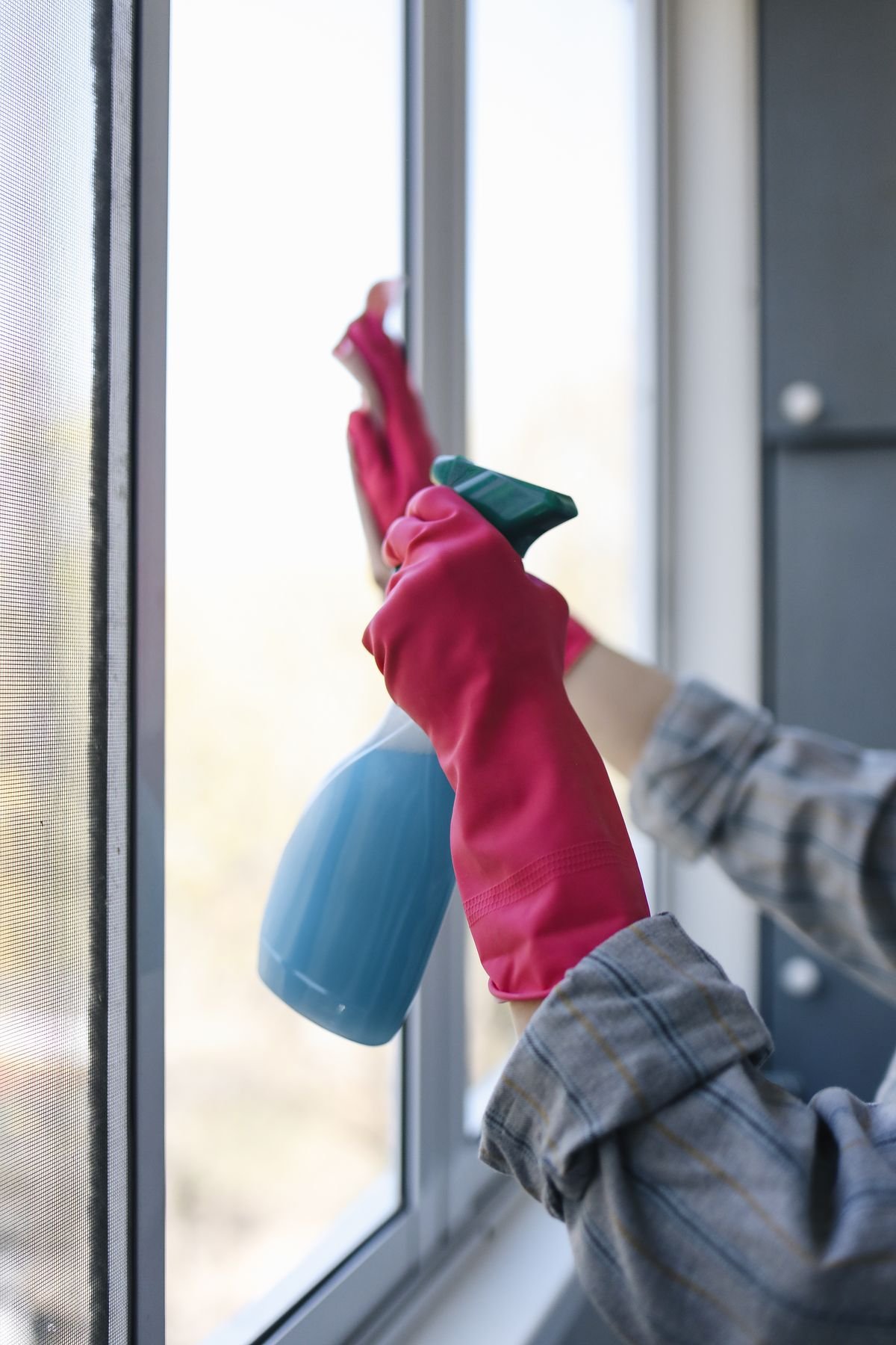 Person in pink rubber gloves cleaning a window with a spray bottle