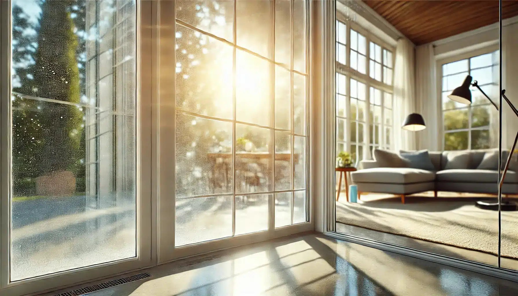Sparkling clean windows with bright sunlight streaming through in a serene room.