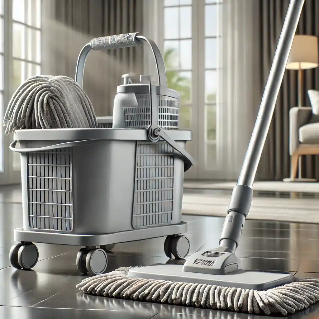 Modern microfiber mop with wringer bucket, long handle, and flat head.