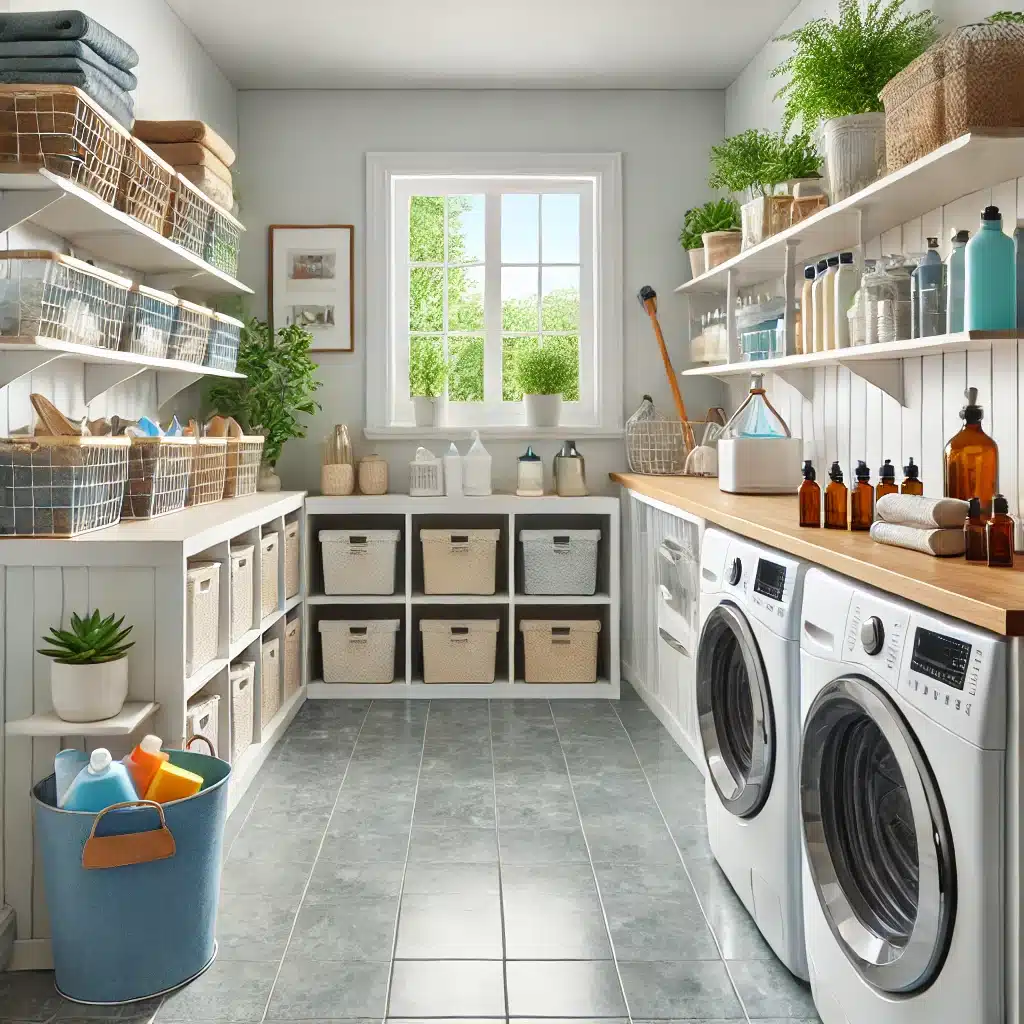 Immaculate laundry room with labeled storage and modern appliances.