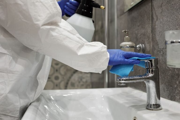 Cleaner wiping a chrome bathroom faucet wearing blue nitrile gloves