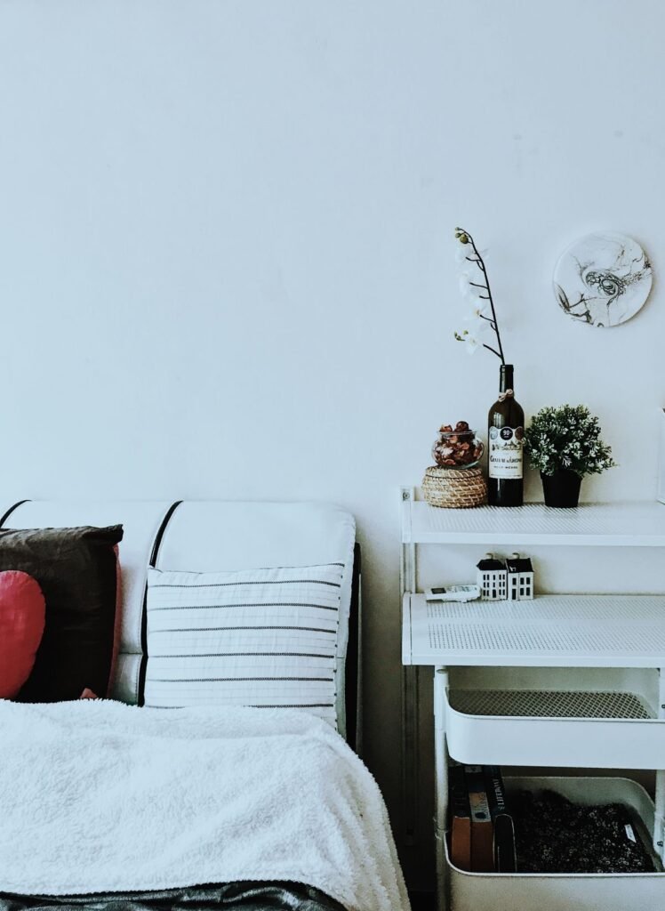 Tidy minimalist room with a white utility cart and potted plants