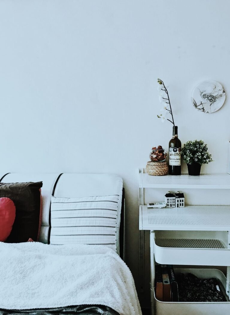 Tidy minimalist room with a white utility cart and potted plants